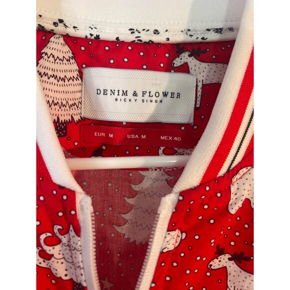 Denim & Flower Ricky Singh Mens M Red Holiday Bomber Jacket ptp 22 L 25 - Picture 2 of 6